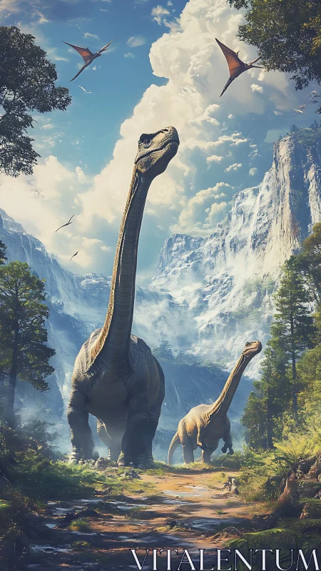 Colossal sauropods roam a misty primeval mountain valley.