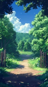 Forest pathway under sky with gate and distant water view