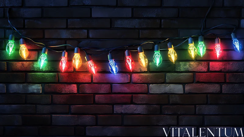 Colorful filament bulbs glowing against textured brick wall.