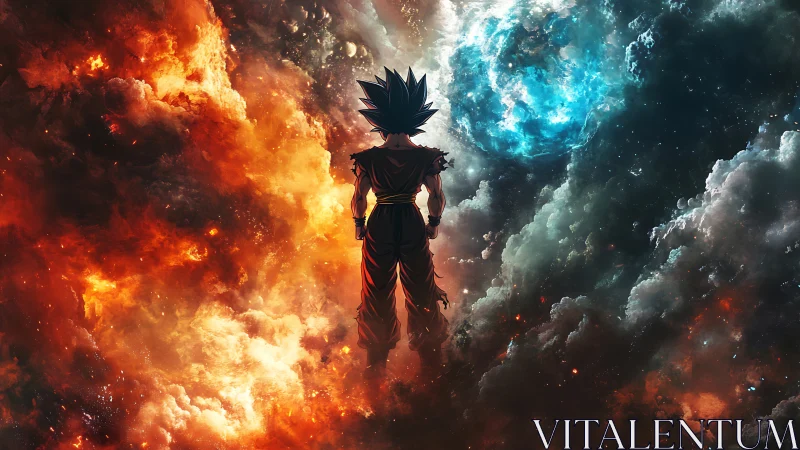 Silhouetted warrior between fire cloud and blue planet field.