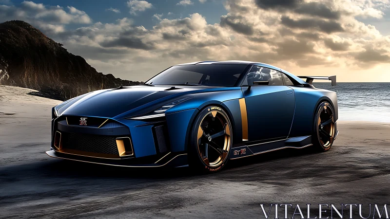 Sunset-blue supercar resting on a quiet ocean shore.