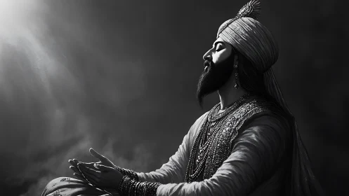 Serene turbaned leader resting in soft spiritual light.