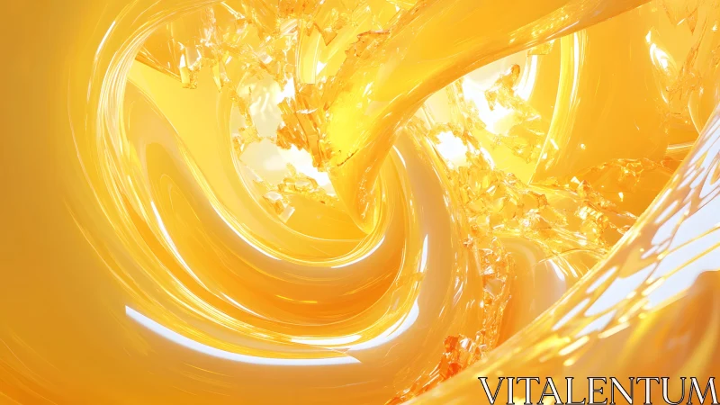 Abstract golden swirl with glass fragments, digital art in vibrant style.