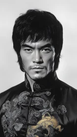 Intense portrait of martial artist in ornate dragon jacket.