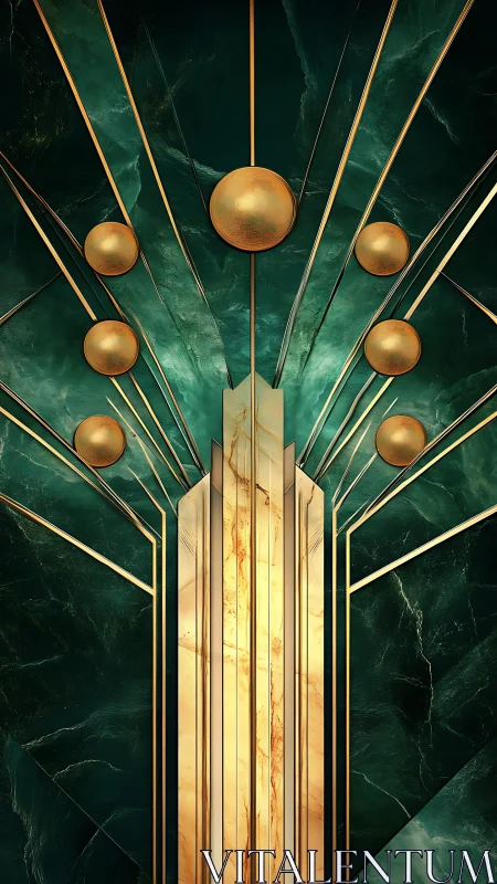 Geometric gold structure rises against radial emerald lines