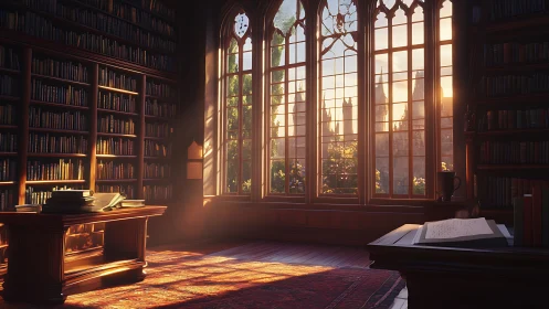 Golden hour study in neo-gothic library with city skyline.