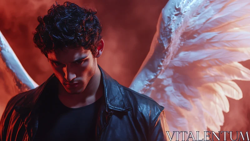 Brooding winged male portrait under cinematic red blue light.