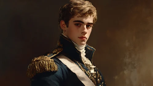 Young uniformed officer is depicted in formal half-length portrait