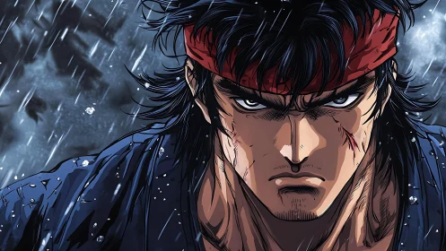 Rain-soaked anime warrior glares forward with intense resolve
