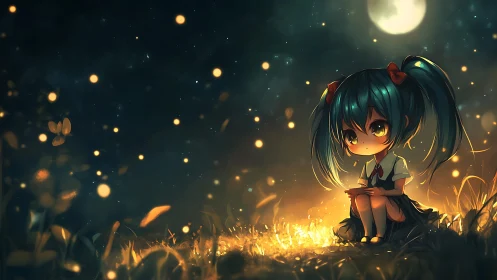 Chibi girl sits in firefly-lit grass beneath a full moon