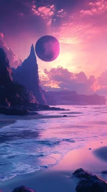 Coastal landscape with spherical celestial body at dusk.