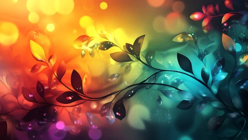 Digital foliage silhouettes over multicolor bokeh gradient.