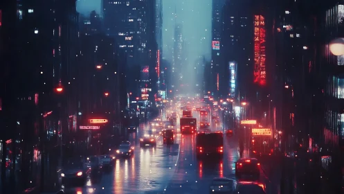 Dense urban traffic on wet city avenue at night in rain.