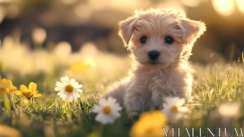 Small fluffy puppy resting in sunlit meadow with daisies.