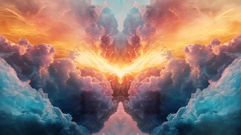 Glowing celestial clouds embrace a fiery, dreamlike sunrise.