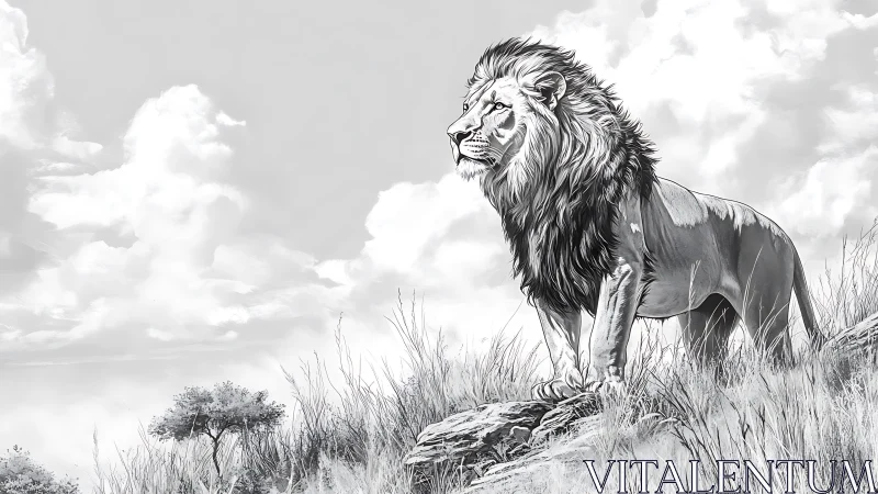 Lone lion surveys bright savanna skies in quiet pride.