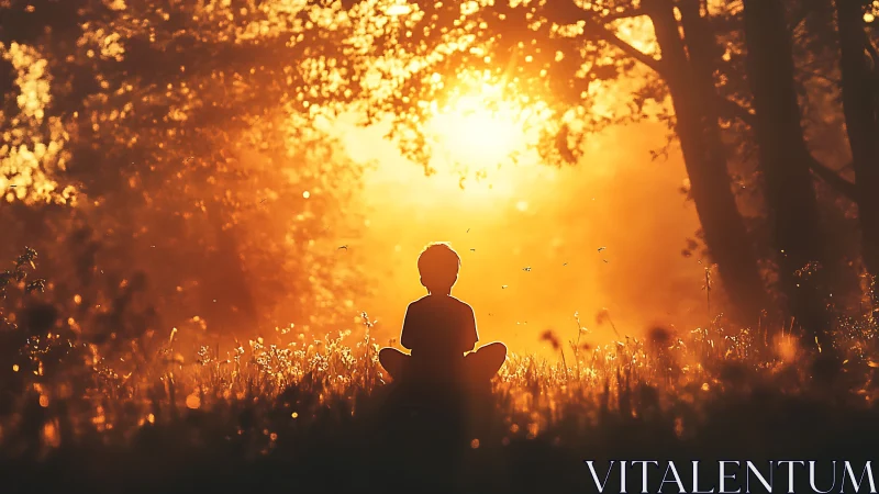 Backlit child silhouette in forest clearing at golden hour.