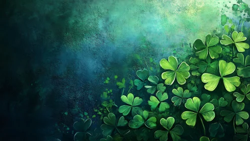 Luminous clover leaves against textured teal ground.