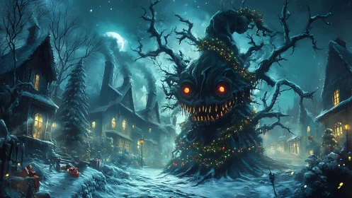 Moonlit monster tree turns a snowy village into eerie wonder