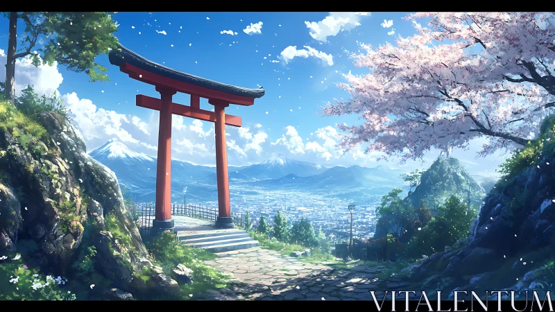 Anime landscape of torii gate overlooking spring valley panorama.