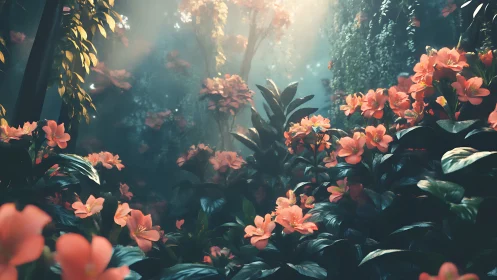 Garden with Orange Flowers and Filtered Sunlight