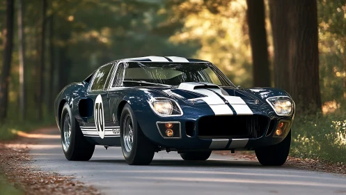 Vintage race car cruising through a sunlit forest lane.