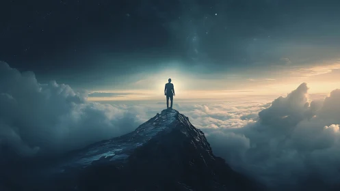 Solitary figure on high mountain ridge above dense clouds.