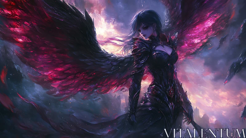 Dark winged warrior in glowing crimson storm sky.