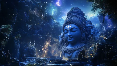 Luminous astral cavern with colossal meditative deity bust.