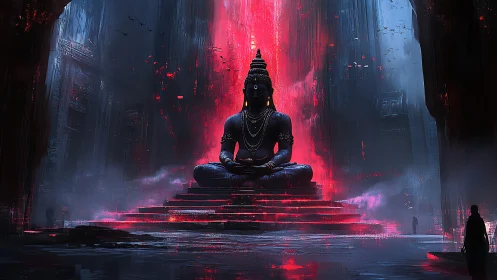 Neon divinity meditates in a cavern of shadow and light