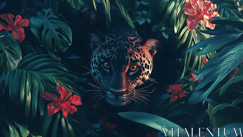 Jaguar stares through dense jungle foliage with vivid flowers