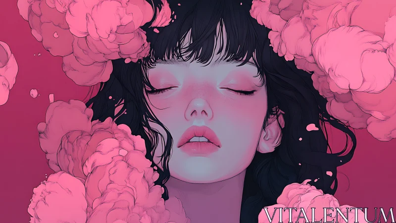 Dreamy girl surrounded by soft blooming pink clouds.