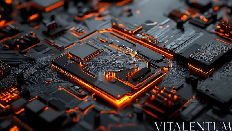 Glowing black circuit board with illuminated orange traces.
