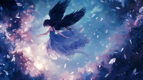 Fallen angel drifting through luminous celestial clouds.