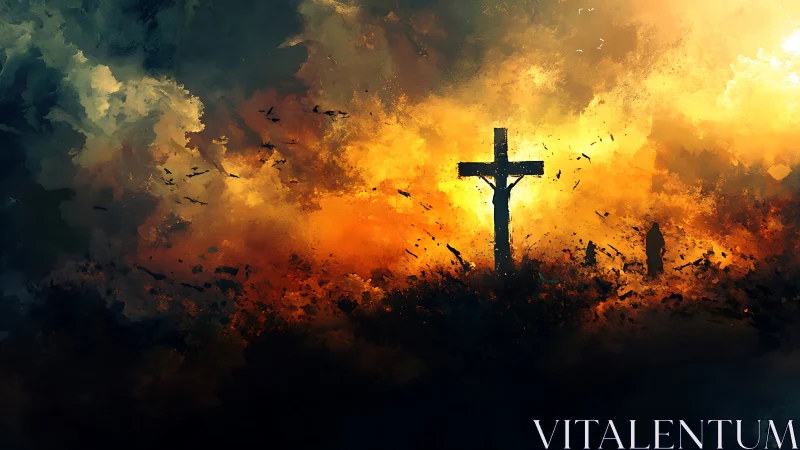 Glowing crucifix silhouettes against a storm of fiery clouds.