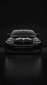 Black BMW sedan front view on dark reflective studio background.