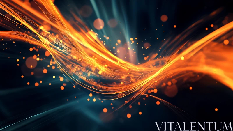 Vibrant orange light trails with glowing particles in abstract digital art.
