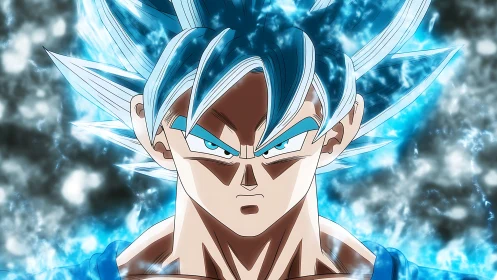 Blue haired anime warrior radiates intense cosmic power.