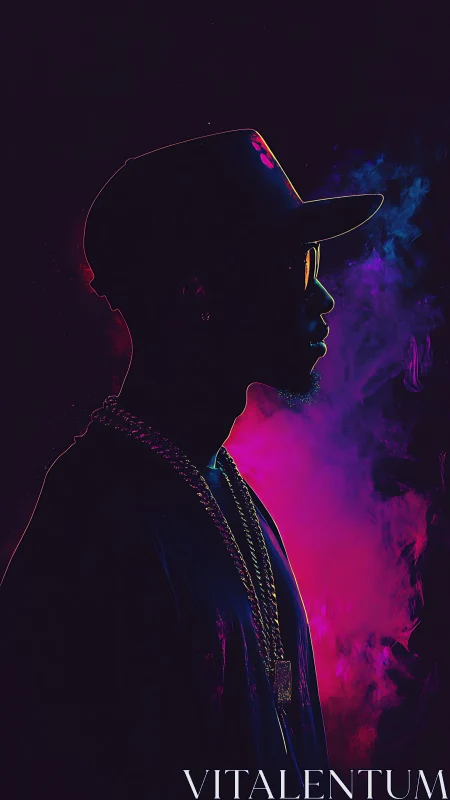 Neon-lit rapper silhouette in moody vapor haze portrait.