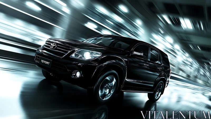 Black SUV speeds through luminous tunnel with dynamic motion