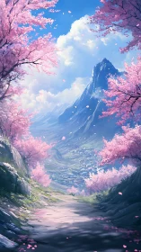 Cherry blossom pass overlooking bright alpine valley panorama.