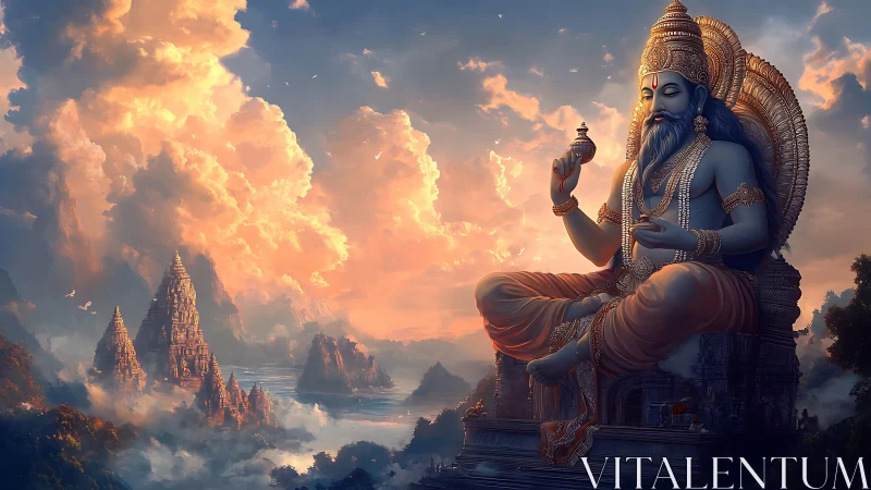 Majestic blue deity above mythic mountain temple realm.