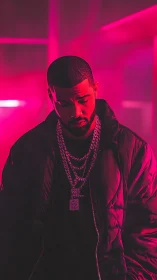 Neon-lit urban crooner wrapped in magenta midnight glow.