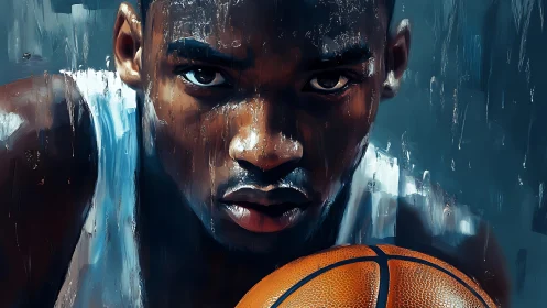 Basketball player stares forward, gripping ball in close-up