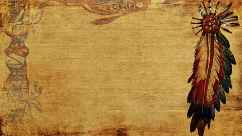 Weathered tribal parchment cradles radiant feather totem.