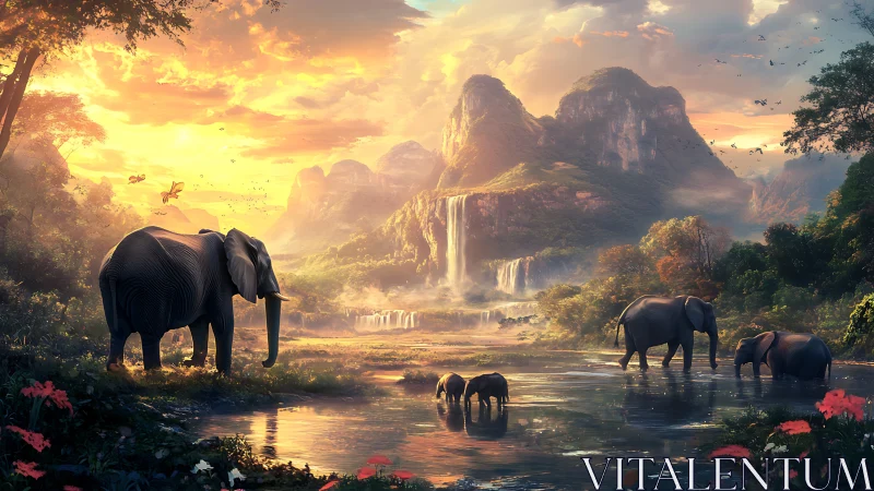 Elephants wander through a glowing waterfall valley dreamscape.