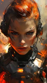 Intense cyber soldier portrait with fiery orange hair.