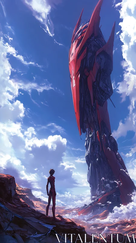 Solitary pilot beneath a towering crimson mech monument.