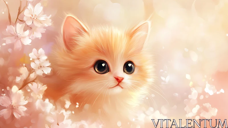 Luminous Orange Kitten Portrait Amid Soft Floral Bloom