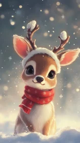 Snowlit fawn portrait with stylized antlers and textile detail.